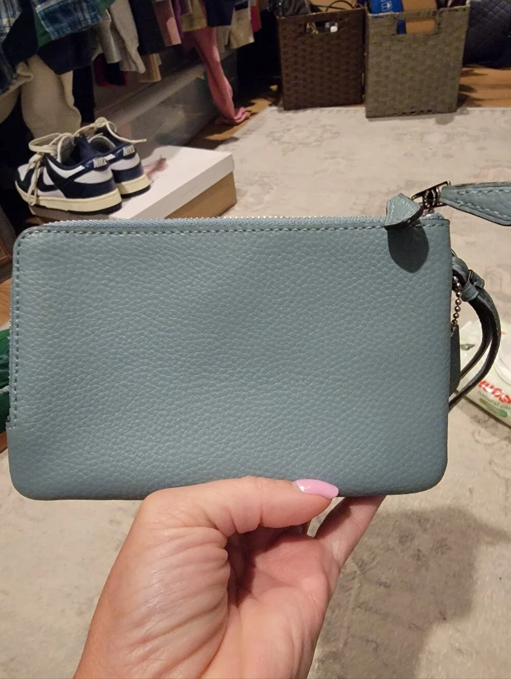 Coach Dusty Blue Pebbled Leather Double Corner Zip Wristlet Card Holder